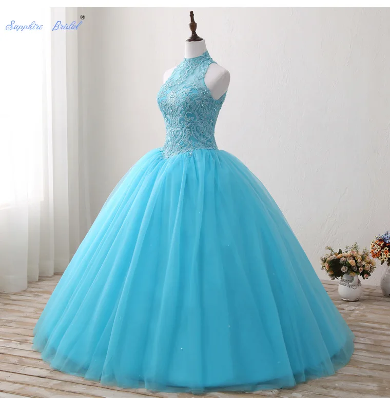 Sapphire Bridal Halter Turquoise Applique Lace Beading Ball Gown Sweet 16 Dress Cut-out Quinceanera Vestidos | Свадьбы и торжества