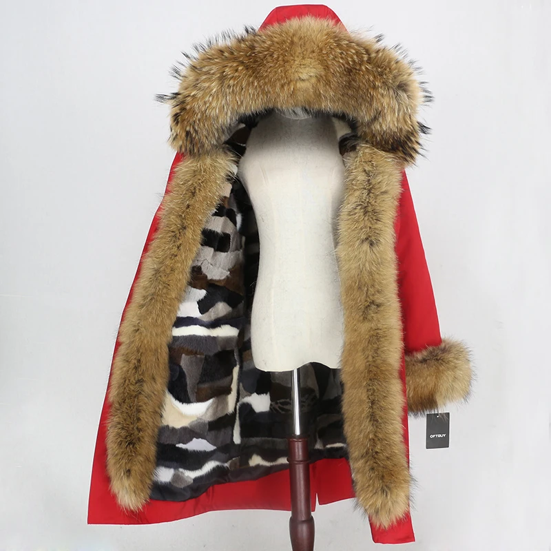 red natural OFTBUY X-long Parka водонепроницаемая верхняя одежда зимняя куртка женская шуба из натурального меха енота Капор из норки съемная меховая подкладка - Цвет: red natural