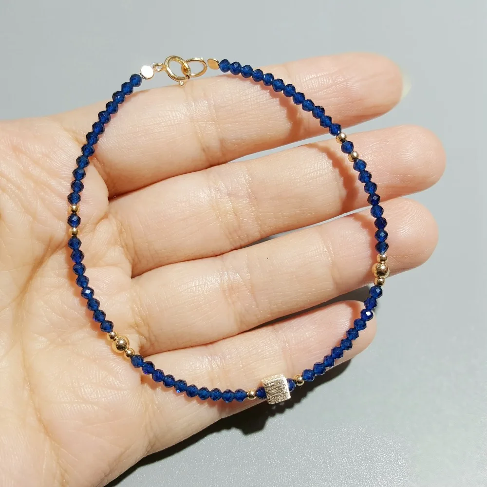 Lii Ji Lab-Created сапфир 2 мм бусины с 925 пробы серебро 18 К позолоченный матовый куб нежный браслет