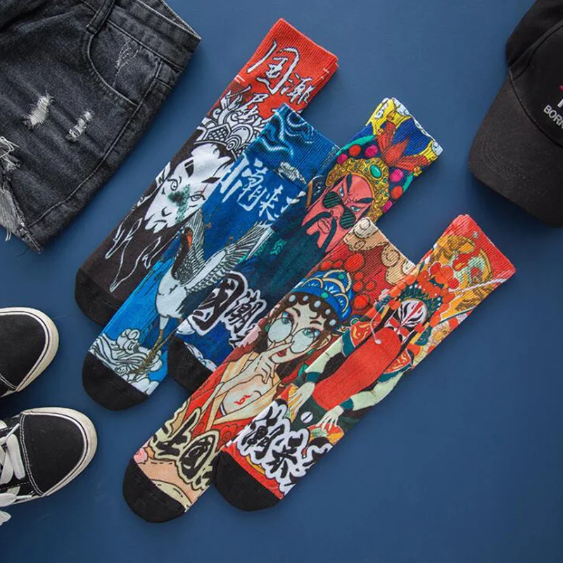 Китайский стиль 3D хлопковые носки женские Пекинские оперная маска длинные