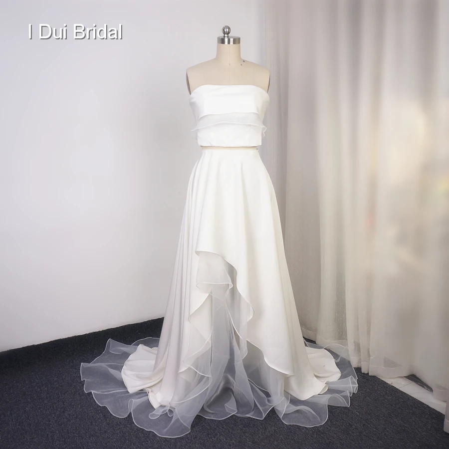 

Two Piece Beach Wedding Dress Satin Organza Crop Top Ruffle Short Front Long Back Bridal Gown