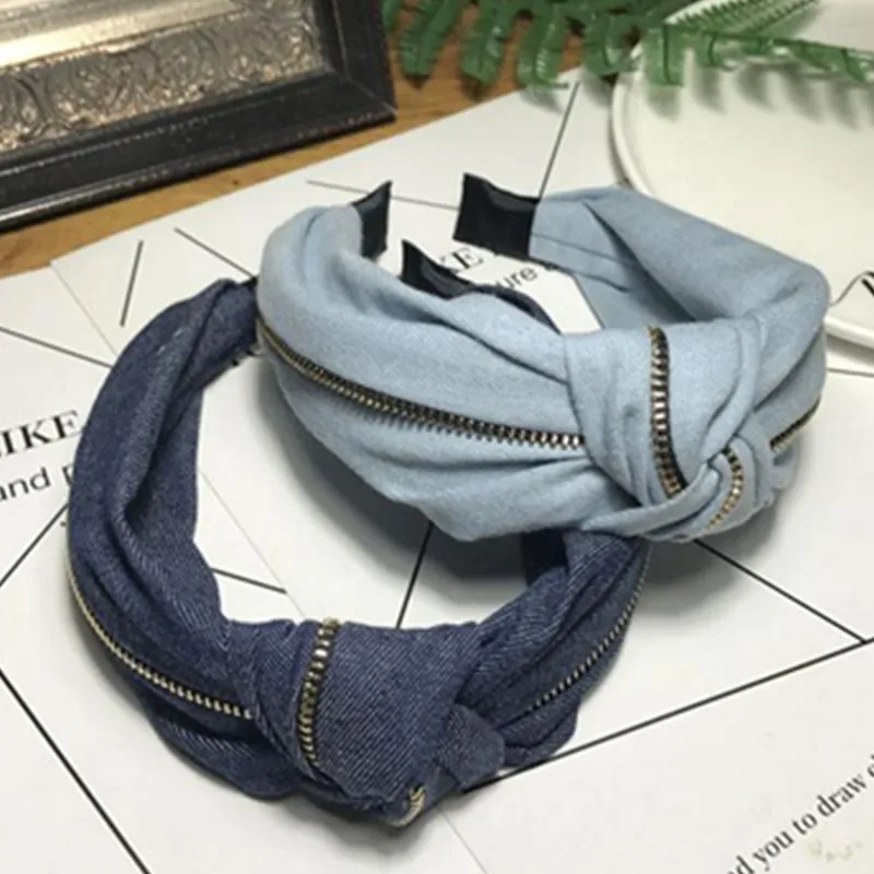 

Women Hair Accessories Denim Hairband with Zipper Top Bow Knotted Headband Solid Casual Headwear Hair Hoop Face Wash Head Band