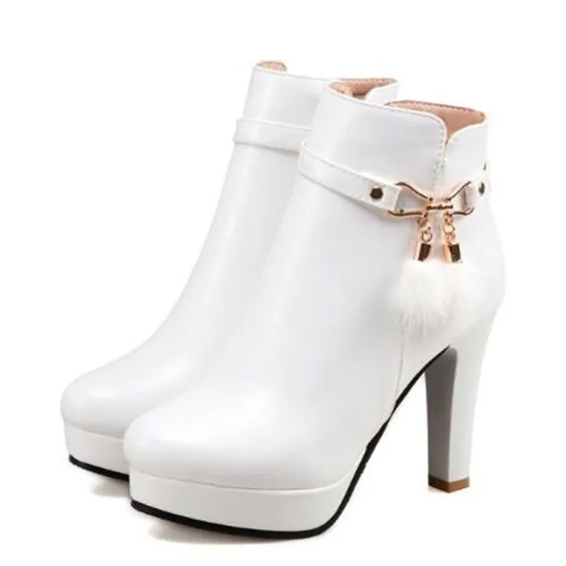 Women Boots Autumn and winter New style fashion High-heeled Short boots Waterproof white Sweet Cashmere Keep warm Boots 34-43