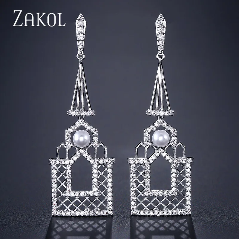 ZAKOL брендовые элегантные нежные в форме замка CZ длинные висячие серьги для женщин