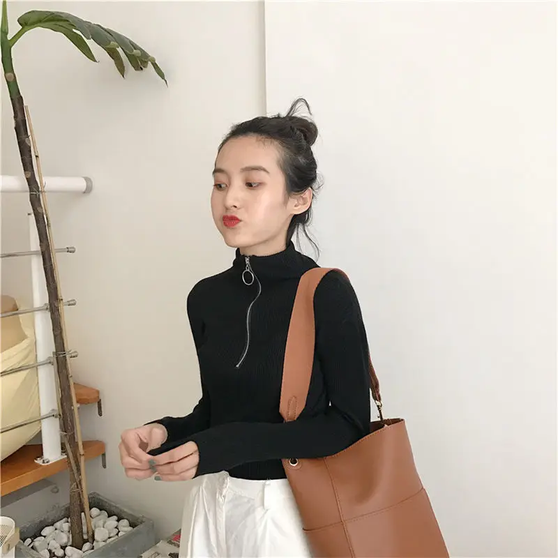 HziriP 2018 Autumn Stylish Women High Quality Knitted Turtleneck Pullover Sweet Sexy All-Match Slim Elastic Black Sweater Simple | Женская