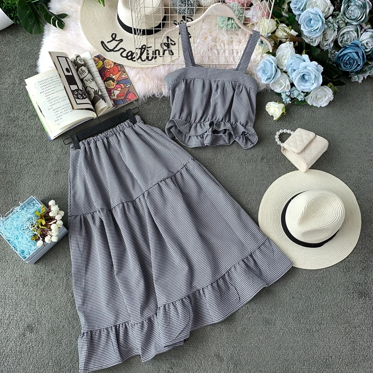 ALPHALMODA/ летний укороченный топ+ юбка трапециевидной формы, женский милый комплект из 2 предметов, куртка и юбка в клетку с высокой талией