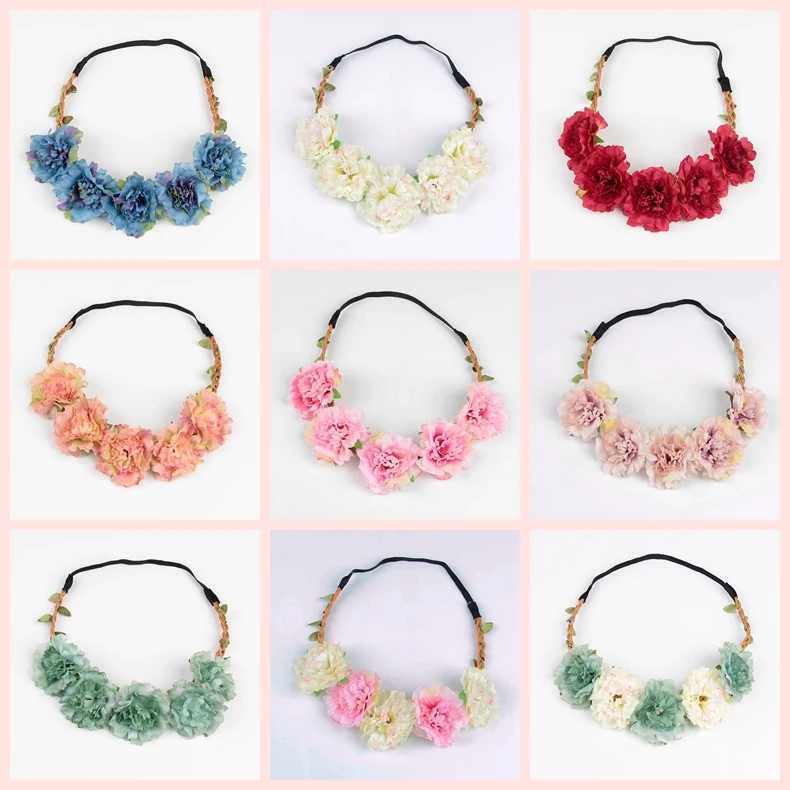 10pcs/lot Fashion Women Bohemia Beach Peony Flower Headband Scrunchy Hairband Wreath Flora Adjustable Headband Hair Accessories