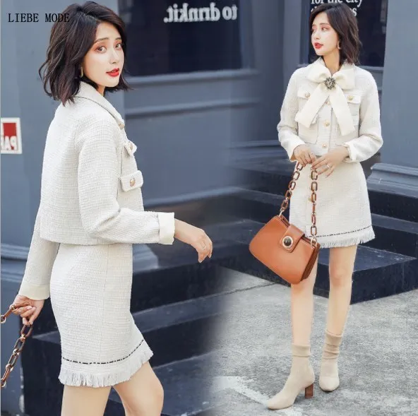 

Luxury Designer Tweed Outfit Womens Elegant Mini Skirt Suits 2 Piece Set Short Jacket and Skirt Women Work Office Skirt Suits
