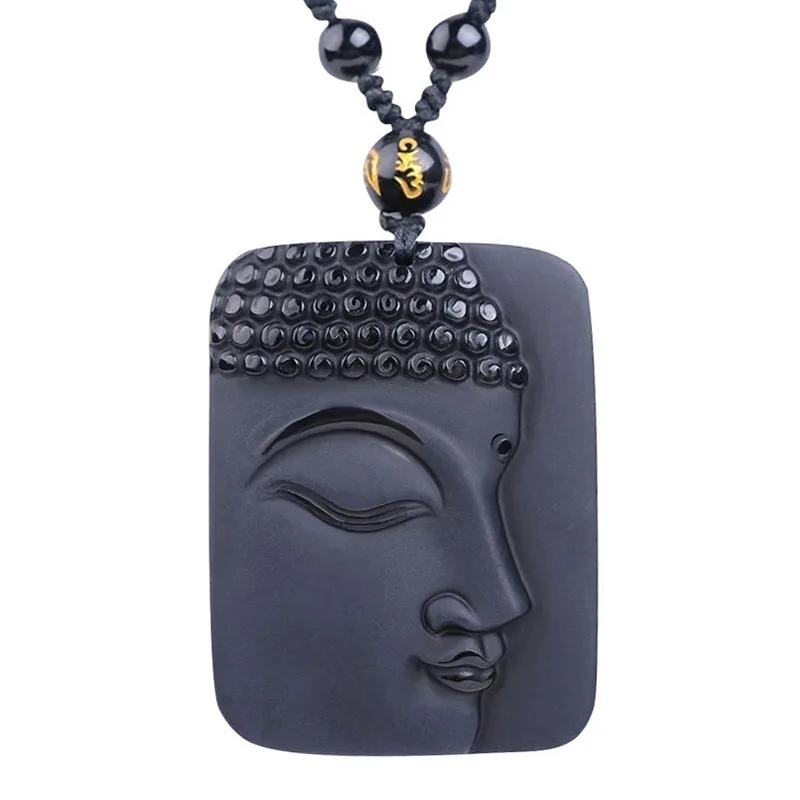 

Drop Shipping Natural Black Obsidian Pendant Hand Carved Lucky Amulet Sakyamuni Buddha Obsidian Necklace With Chain Gift