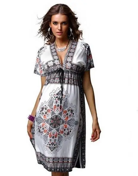 Женское богемное платье с V образным вырезом свободное пляжное большого размера