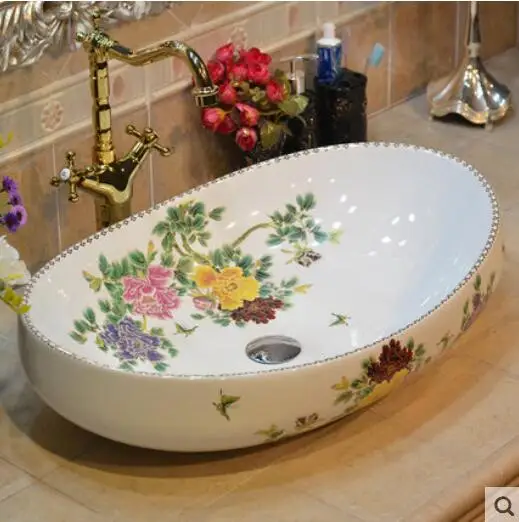 

Bathroom Lavabo Ceramic Counter Top Wash Basin Cloakroom Hand Painted Oval Vessel Sink JYX003