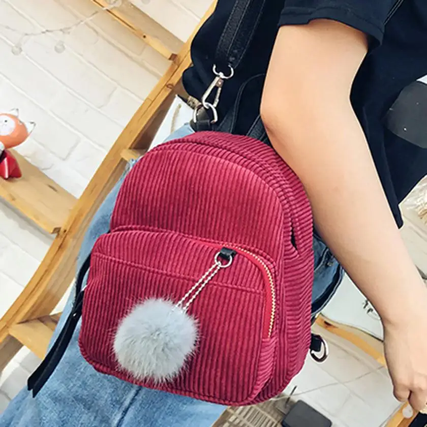 

School Bag for Girl Vintage Corduroy Travel Backpacks Striped Pompon Cute Shoulder Bag Backpack Female Mochila Escolar Feminina