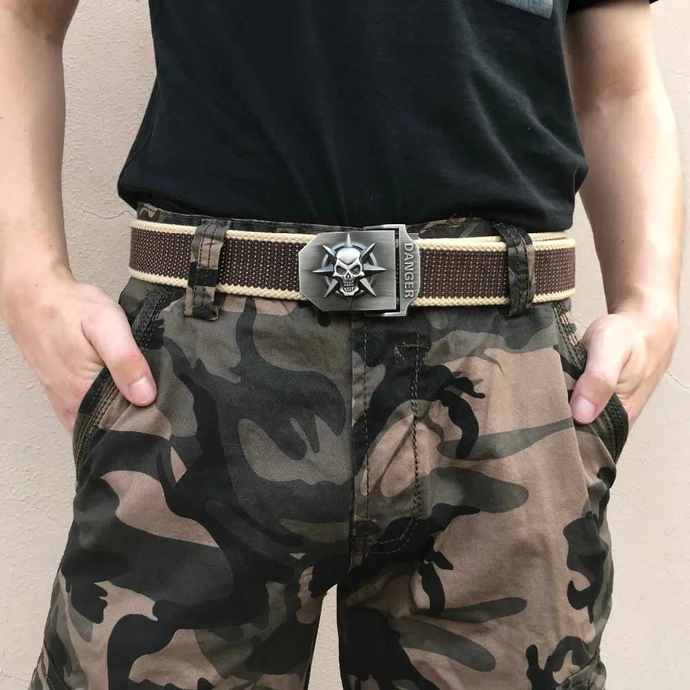 Модный мужской тканевый ремень с черепом и металлической пряжкой классические