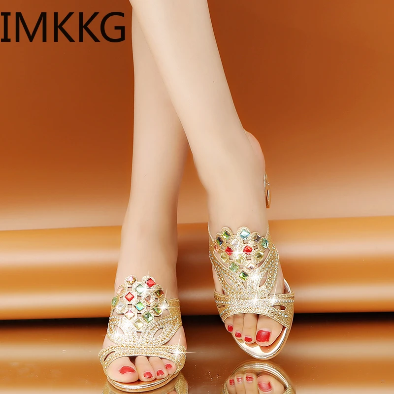 Women Summer Open Toe Chunky Heel Sandals Fashion Crystal Rhinestones Beach Flip Flops Slip On Outside Slides Shoes Woman F90273