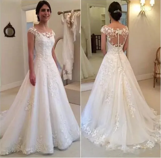 Vestido de Noiva скромное прозрачное свадебное платье с вырезом лодочкой и прозрачной пуговицей на спине Новое свадебное платье с рукавами-крылышками ZJ2