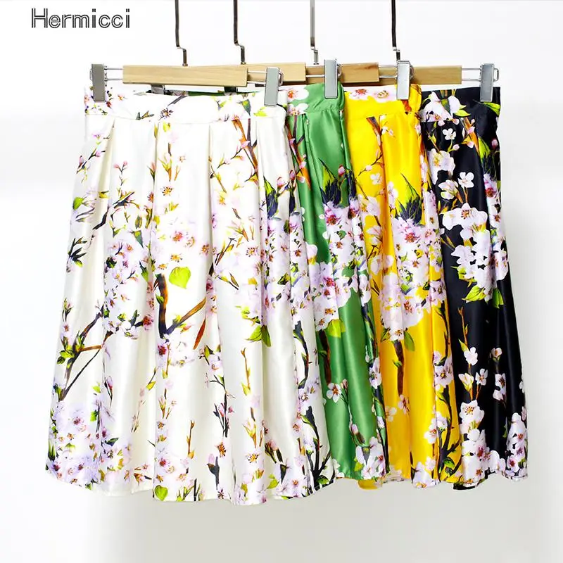 

Hermicci High Waisted Skirts Womens Black Knee Length Bottoms Pleated Skirt Saia Preta Flower Print Skater Midi Skirt 2017