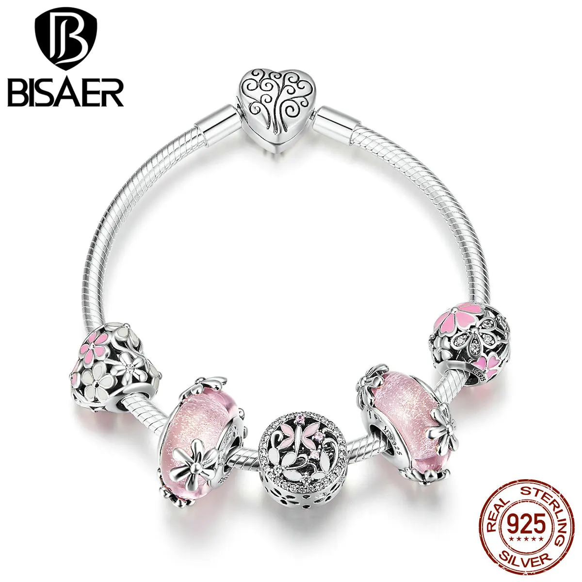 BISAER браслеты в форме сердца, 925 пробы, серебряный, розовый, Маргаритка, персик, цветок, сердце, женские браслеты для женщин, серебро 925, ювелирное изделие ECB821