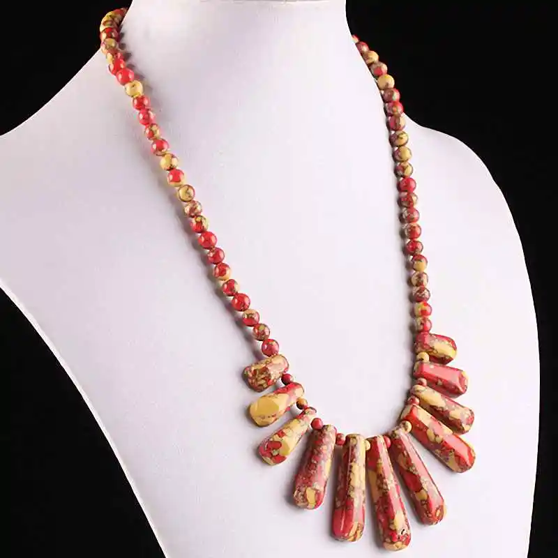 

TUMBEELLUWA Red & Yellow Howlite Stone Bars Sticks Shileds Pendant Ball Beads Necklace Jewelry