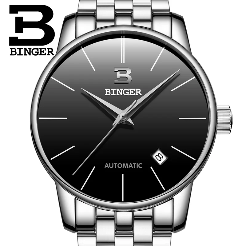 2016 New Black Men's Simple WristWatch Stainless Steel Casual Automatic Clock Mechanical Watches Male BINGER Gift Calendar