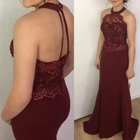 prom dresses 2021 elegant sexy burgundy halter mermaid evening gowns beads lace appliques backless plus size custom made vestido