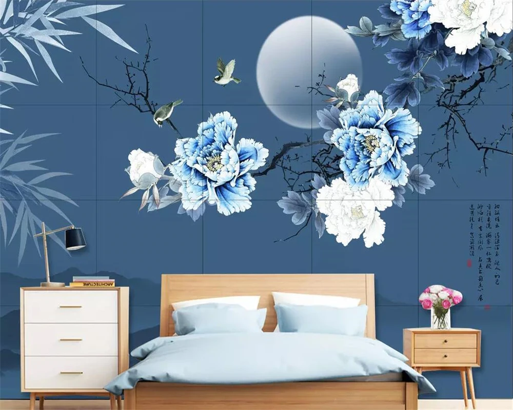 Настенные обои Beibehang в китайском стиле бамбуковые листья пион цветы и птицы фон