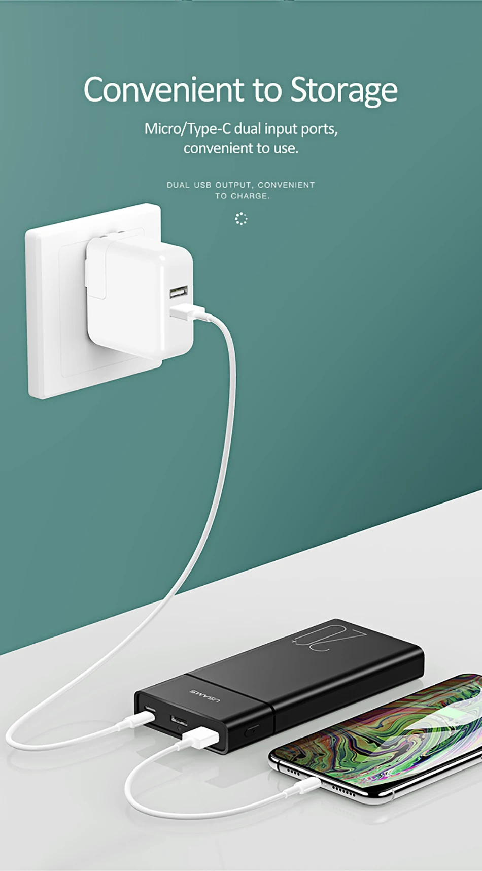 USAMS 20000mAh power Bank 2.1A быстрая зарядка банк питания для iPhone samsung Xiaomi Двойной вход и выход Внешняя батарея повербанк