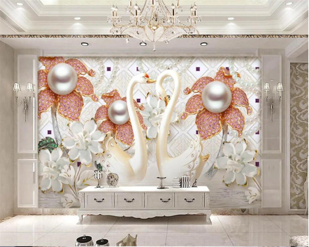 

Beibehang европейские высококачественные 3D обои Роскошные ювелирные изделия бриллианты Белый лебедь 3D стерео фоновые обои для гостиной