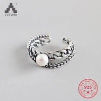 s925 sterling silver fashion personality retro old freshwater pearl double chain opening ring