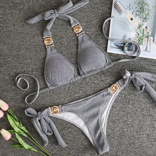 B008shiny-grey Bikini2019 Стразы, купальник для женщин, комплект бикини с металлической цепочкой, купальник для женщин, роскошный аристократический купальник - Цвет: B008shiny-grey