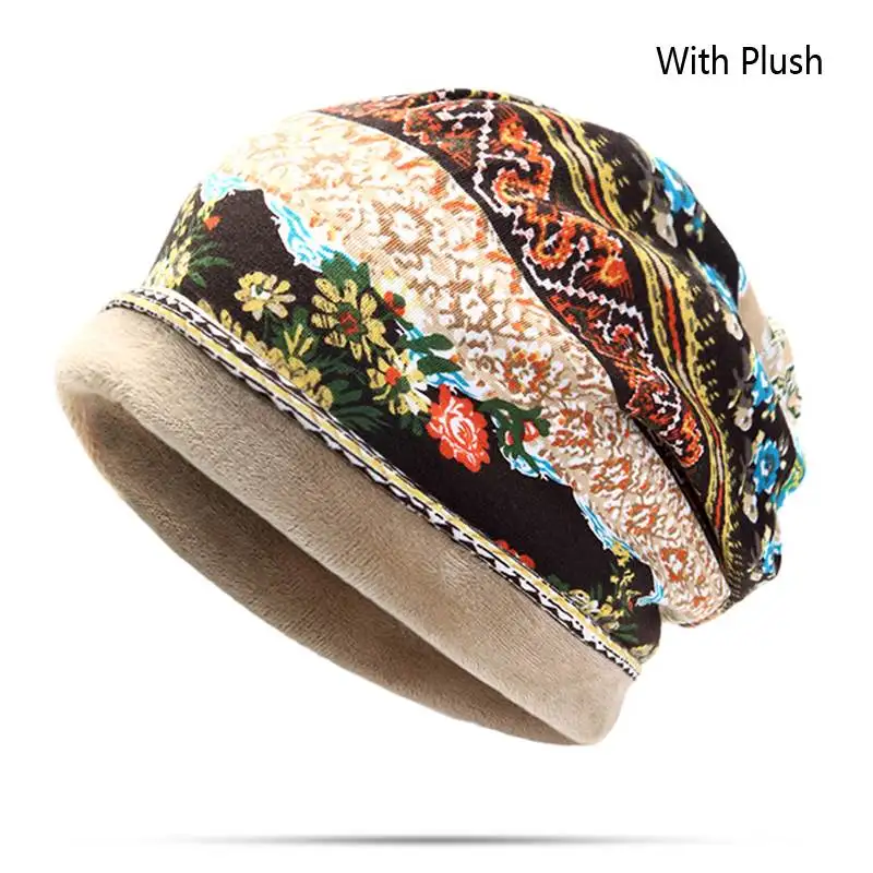 Brown Plush Женские хлопковые полосатые шапочки с принтом для тюрбана/повязки для волос/шарфа, зимняя Толстая Теплая Повседневная Уличная шляпа, винтажная вязаная громоздкая - Цвет: Brown Plush
