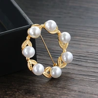 7 simulated pearl beads golden engraved leaves garland elegant brooches for women