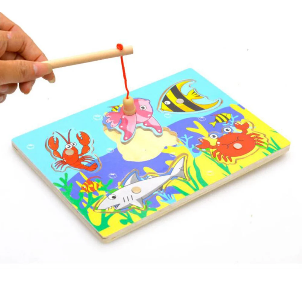 Children Fishing Game Wooden Ocean Jigsaw Board Magnetic Rod Outdoor Fun Toy For Kid Jogos De Tabuleiro Madeira Non-electric | Игрушки и