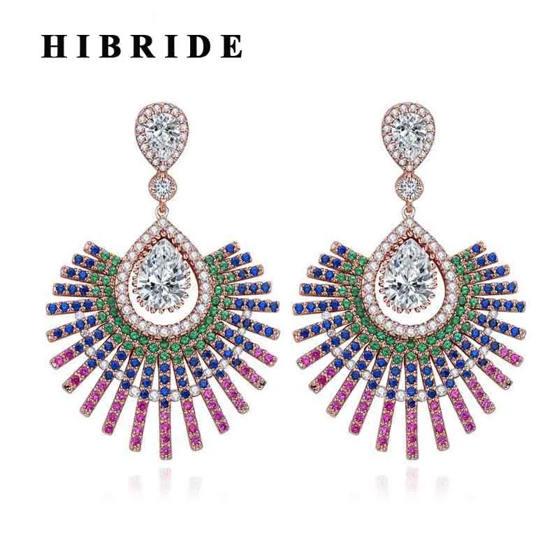

HIBRIDE Beautiful Bohemia Style Multicolor Cubic Zircon Pave Big Pendant Earring Brazil Trendy Women Drop Earring Brincos E-504