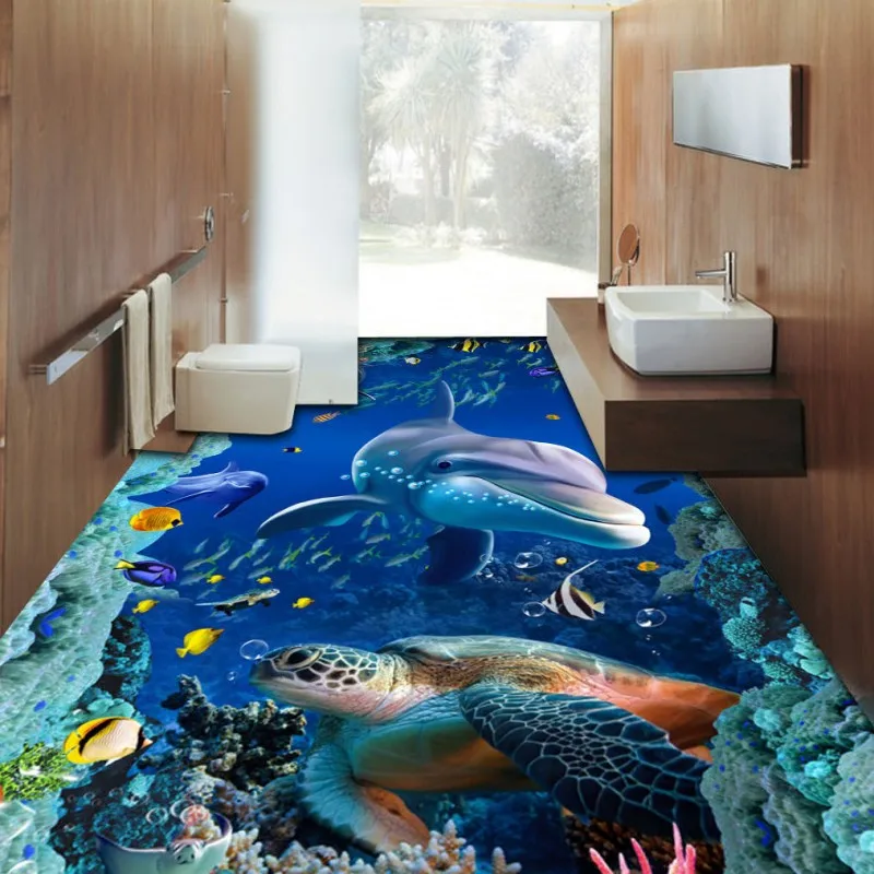 

Free Shipping waterproof self-adhesive floor mural 3D Underwater World Dolphin Coral flooring wallpaper
