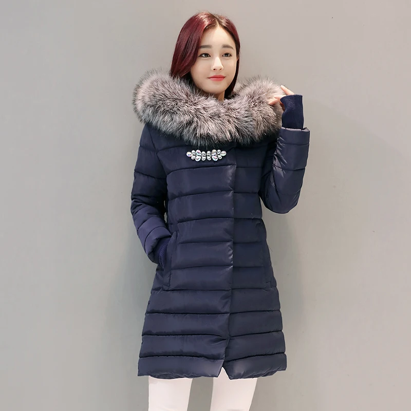 2016 зимнее пальто женщин средней длины большой меховой воротник пуховик женский