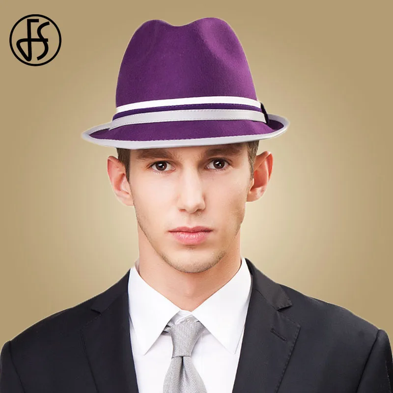 FS фиолетовый топ шляпа для мужчин Шерсть фетровая джаз шляпы с широкими полями