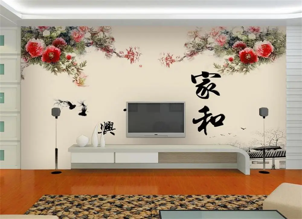 

3d обои на заказ, фотообои, Фреска для гостиной, цветок, китайские иероглифы, живопись, диван, ТВ, фоновые обои для стены 3d
