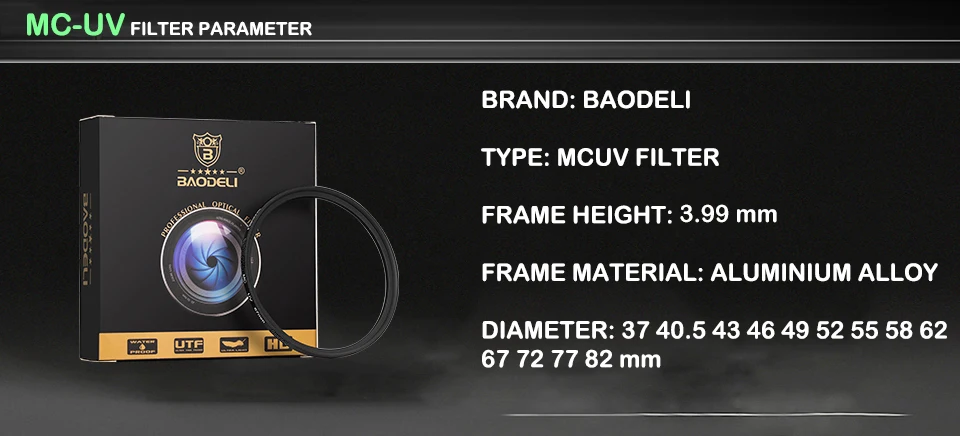 BAODELI Dslr фильтр MCUV фильтр для объектива 37 40,5 43 46 49 мм 52 мм 55 мм 58 мм 62 мм 72 мм 77 мм 82 мм для Nikon D3500 Камера Canon M50 sony A6000