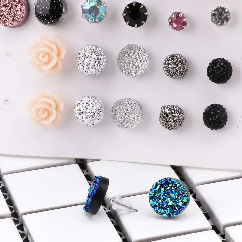 12 Pairs Assorted Crystals Druzy Stone Resin Round Stud Earrings Set Women | Украшения и аксессуары