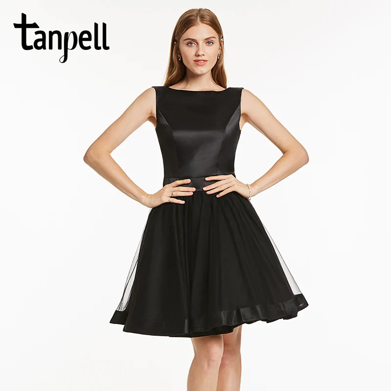 

Tanpell black homecoming dress elegant white scoop sleeveless a line back bowknot dress cheap girls cocktail graduation dresses