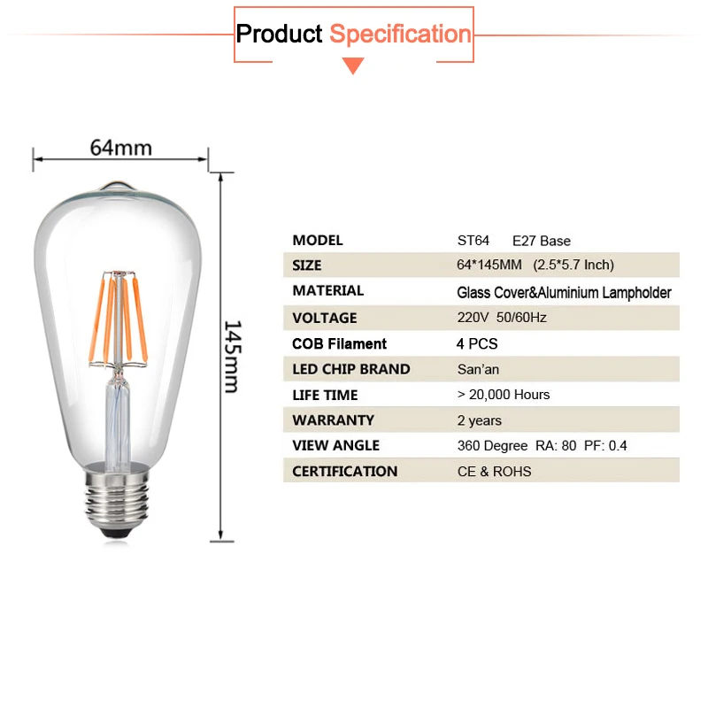 Синий, красный, розовый, зеленый светодиодный светильник накаливания Edison ST64 COB светодиодный светильник 220v E27 ретро глобус замена