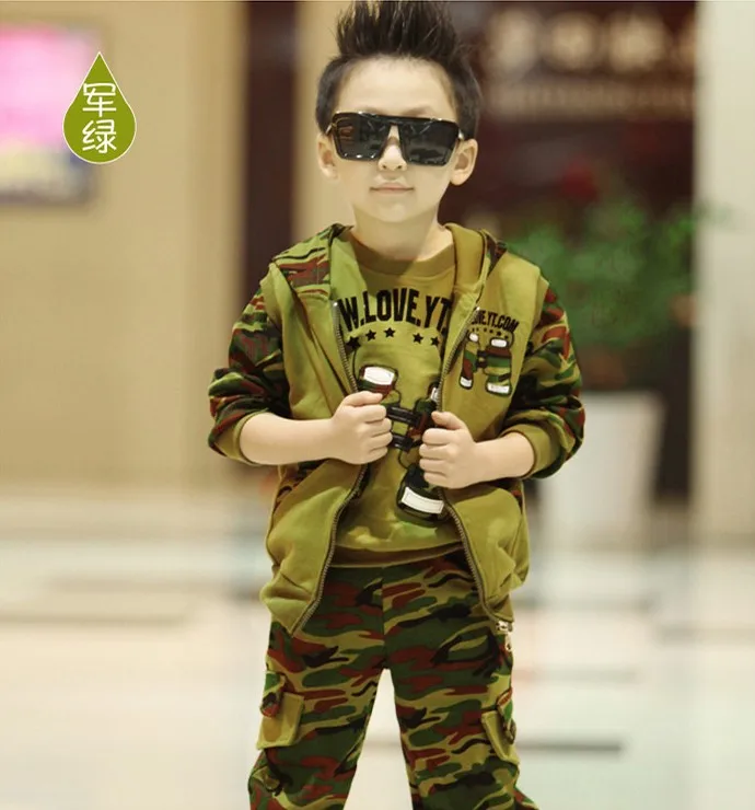 Детский Камуфляжный костюм комплект из 3 предметов, весенне-осенняя военная форма для мальчиков Детская жилетка с капюшоном+ топ+ штаны, B181