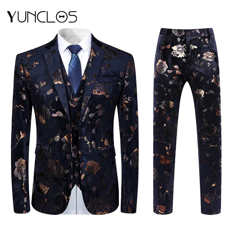 YUNCLOS плед печатных 3 шт. мужской костюм шаль воротник Slim Fit роскошные свадебные