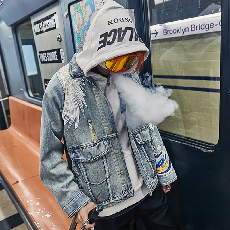 US Size Crane Embroidery Jeans Men Blue Coat Denim Jacket Orersize Loose Coats Vintage Hip Hop Fashion DG89 | Мужская одежда