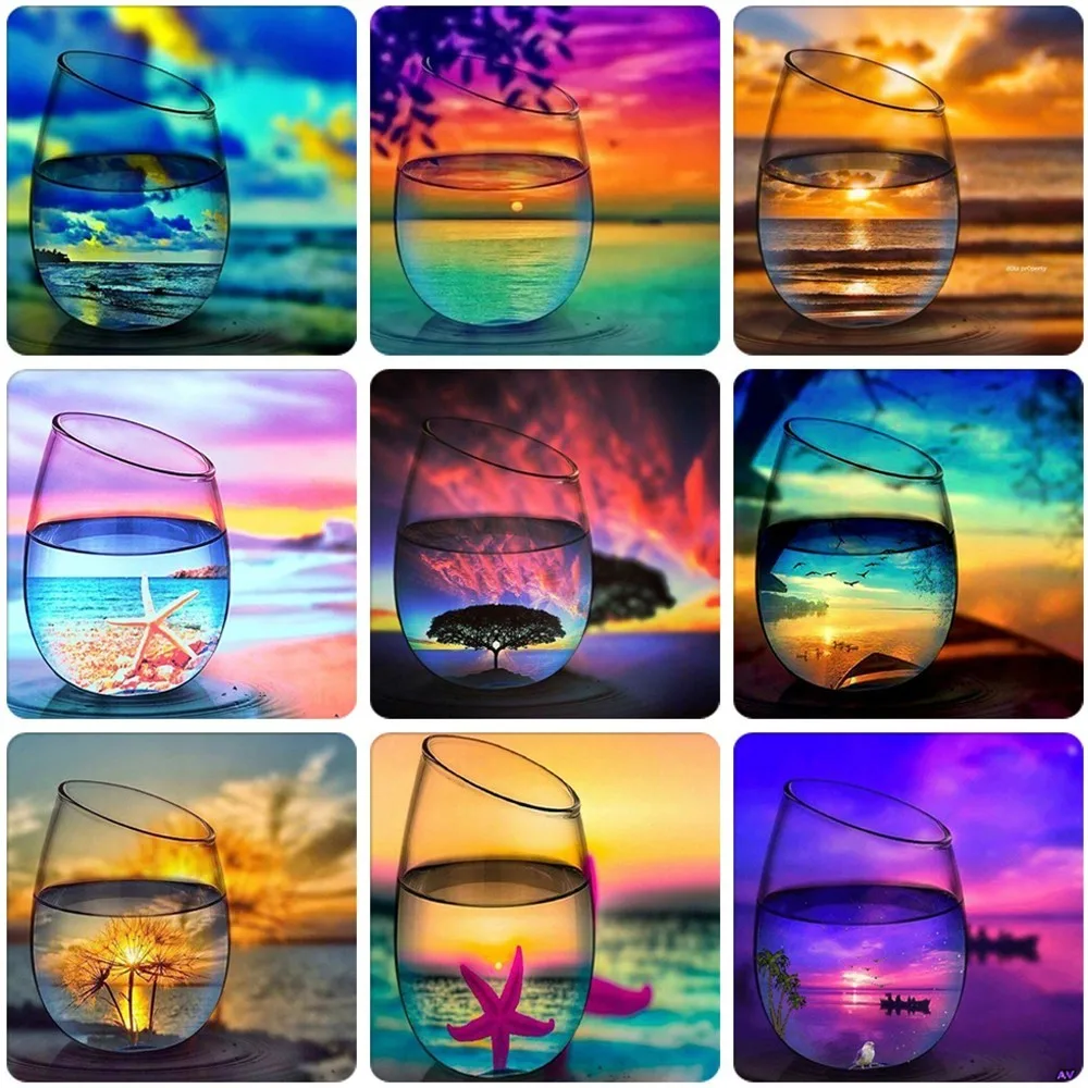 Стеклянный стакан полностью квадратные/круглые камни пейзаж 5d алмазная живопись