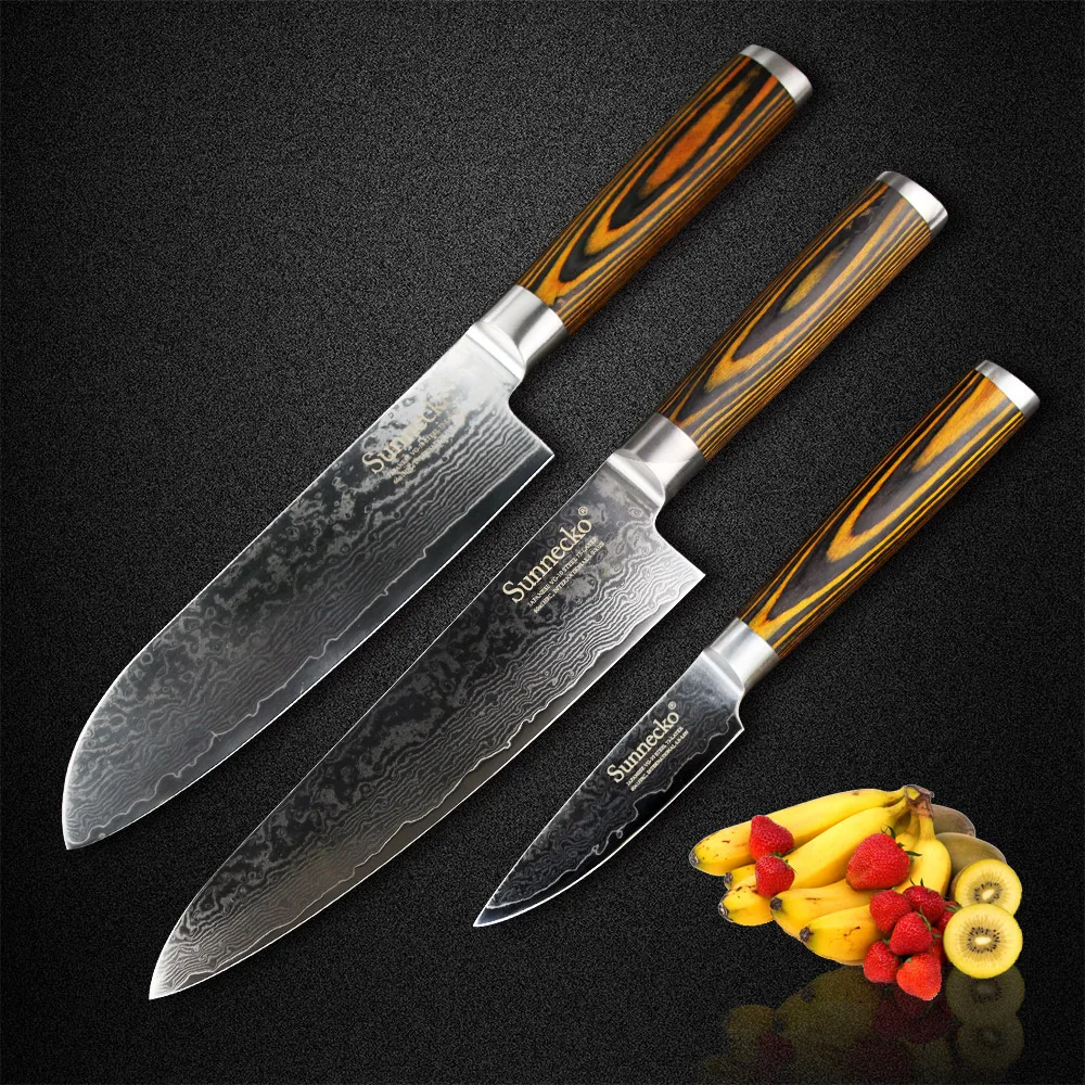 Sunnecko 3 шт. Кухня Ножи комплект японский Дамаск Сталь Sharp Шеф-повар Santoku обстрагывая