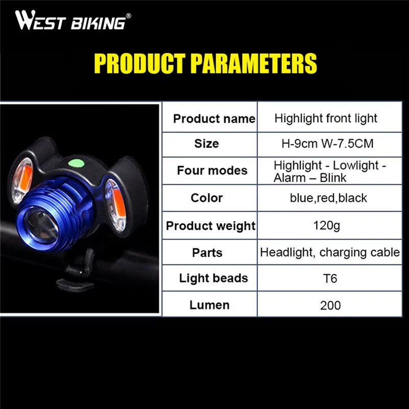 

WEST BIKING Bicycle Lights USB Rechargeable LED Waterproof Bike Front Torch Lamp Cycling Warning Safety Lights Lamp Headlight