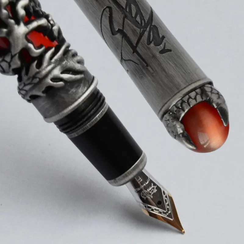 Перьевая ручка Jinhao DRAGON KING PLAY PEARL RED BARREL антикварный серебряный дракон тиснение прекрасный 18KGP перо 3 вида цветов для выбора офиса