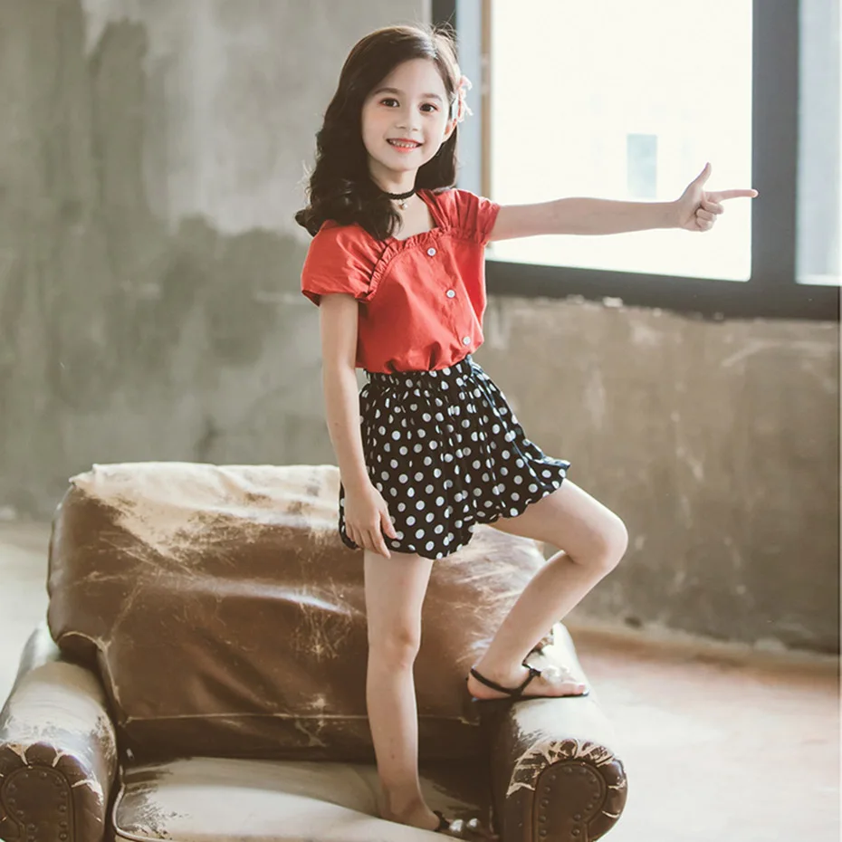 Летняя одежда для девочек Однотонная футболка + юбка в горошек летний комплект из