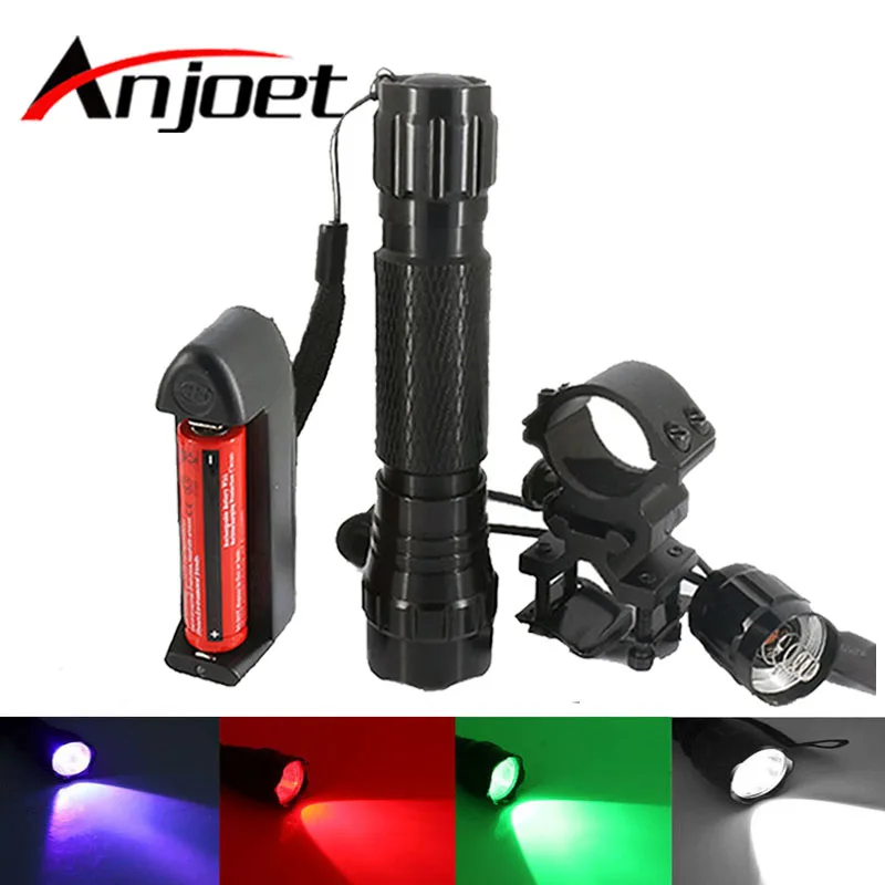 501B Tactical Flashlight T6 White/Green/Red/Purple+18650battery+Charger+Pressure Switch Mount Hunting Rifle Gun Torch Light Lamp